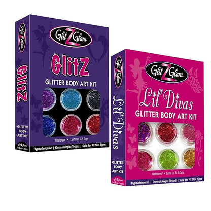 Glitter Tattoo Kit- NEW GLITZ and Lil Divas- with 6 Large Glitters & 12 Stencils - HYPOALLERGENIC and DERMATOLOGIST TESTED! - for boys & Girls. Children Tattoos by GlitZGlam Body Art