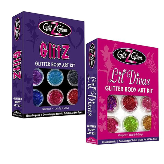 Glitter Tattoo Kit- NEW GLITZ and Lil Divas- with 6 Large Glitters & 12 Stencils - HYPOALLERGENIC and DERMATOLOGIST TESTED! - for boys & Girls. Children Tattoos by GlitZGlam Body Art