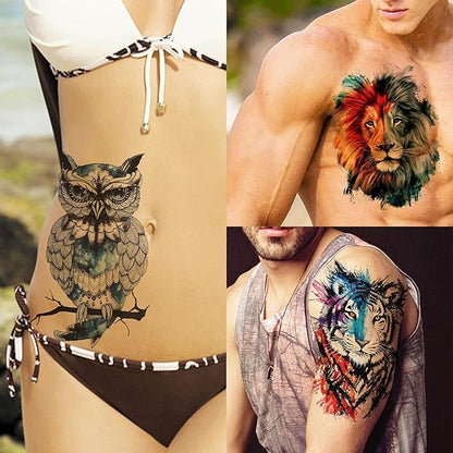 54 Sheets Large Watercolor Lion Owl Temporary Tattoos For Women Arm Adults Thigh, 3D Long Lasting Temp Tattoo Sticker For Men Chest Shoulder, Wolf Tiger Bulk Fake Tatoos Kit Set Rose Butterfly