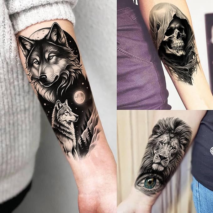 68 Sheets Black Tribal Wolf Lion Temporary Tattoos For Men Women, Halloween Skull Half Arm Sleeve Tattoo Stickers Tiger Zeus God Jesus Christ Gladiator, 3D Temp Waterproof Fake Tattoos For Adults Owl