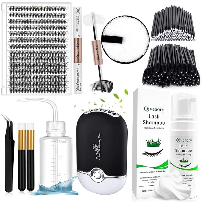 Lash Extension Kit DIY Individual Lash Clusters(280Pcs 40D Mix 12-18mm) with Lash Bond and Seal USB Portable Lash Fan 150ml/5.07fl.oz Lash Shampoo Tweezers Applicator Mascara Brush (Original B)
