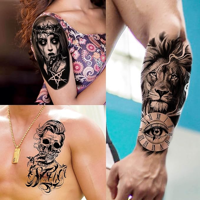 59 Sheets 3D Black Halloween Temporary Tattoos For Men Women Kids, Long Lasting Temp Fake Sleeeve Tattoos For Adults, Large Realistic Skull Skeleton Owl Wolf Lion Tiger Ship Tatoo Sticker Arm