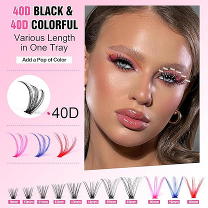Pawotence Lash Extension Kit DIY Individual Lash Clusters Eyelash Extension Kit 9-16mm Lash Clusters Colored with Lash Bond and Seal, Lash Tweezers for Self Application (40D, 9-16mm, Color Kit)