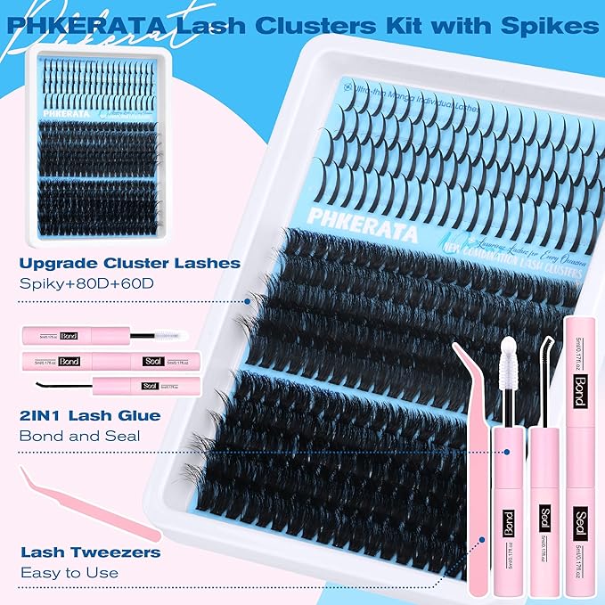Lash Clusters Kit Spikes Wispy Lash Extension Kit Volume 80D+100D Eyelash Clusters Spikes Eyelash Extension Kit Russian D Curvature Individual Lashes with Lash Glue Bond and Seal, Tweezers