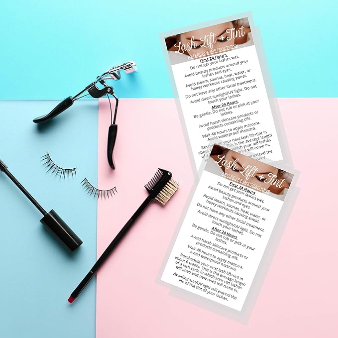 Lash Lift + Tint Aftercare Instruction Cards | 50 Pack | 2 x 3.5” inches Business Card Single Side | Eyelash Lift and Tint Kit at home diy aftercare supplies | White with Lash Photo Design