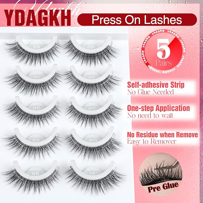 Self Adhesive Eyelashes Natural Look Press On Lashes No Glue Needed Wispy Reusable Self Adhesive Lashes without Eyeliner Clear Band Pre Glued Lashes Cat Eye Lashes Faux Mink Lashes 5 Pairs