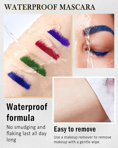 3 Colors Waterproof Mascara Set -Blue Green Purple Colored Mascara for Eyelashes, Long Lasting Curling Tube Máscara Volume and Length, High Pigment Lash Colorful Makeup for Cosplay Party-B