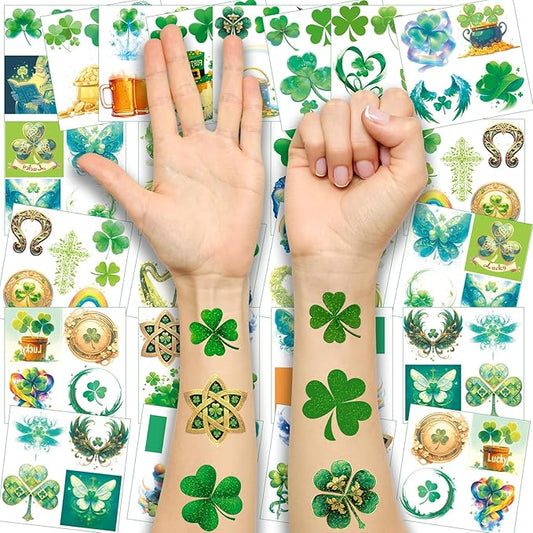 St. Patrick's Day Shamrock Decorations Temporary Tattoos & Face Stickers, Waterproof Saint Patrick's Day Clover Tattoos Art Make up Deco Irish Party Favors