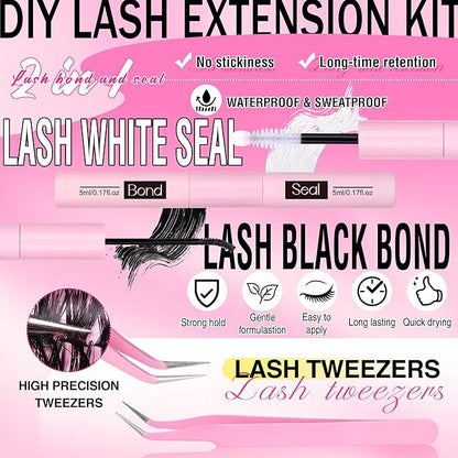 FANXITON DIY Lash Extension Kit 50D D Individual Lashes Lash Clusters Kit Cluster Lashes Lash Bond and Seal and Lash Tweezers for Lash Clusters Kit DIY at Home