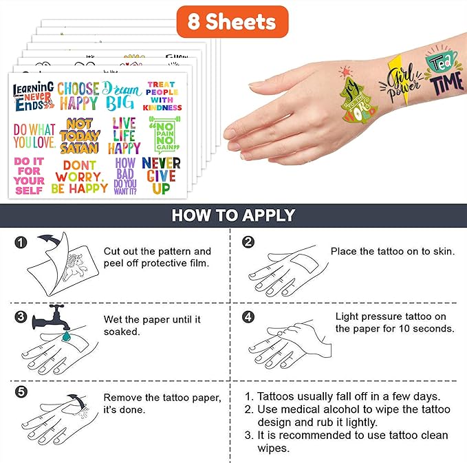 96 PCS Motivational Inspirational Quote Pre-Cut Temporary Tattoos for Kids Birthday Party Decorations Supplies Decor Favors Super Cute Positive Affirmation Tattoo Stickers Gifts For Boys Girls Rewards