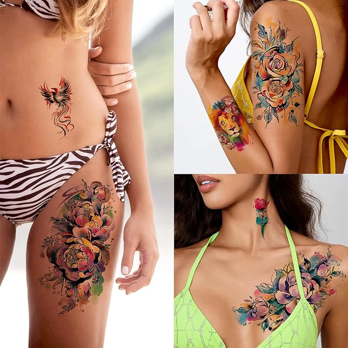 3D Watercolor Rose Temporary Tattoos For Women, Colorful Fake tattoos Long Lasting, Flower Temp Tattoo Stickers Moon Snake Lion Wolf Tiger