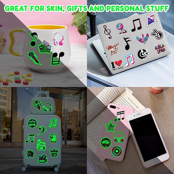 (96PCS) Music Note Notes Musical Motivational Pre-Cut Temporary Tattoos for Kids Birthday Themed Party Supplies Decorations Favors Super Cute Instrument Stickers Tattoo (Luminous)