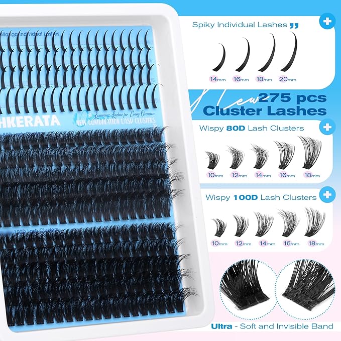 Lash Clusters Kit Spikes Wispy Lash Extension Kit Volume 80D+100D Eyelash Clusters Spikes Eyelash Extension Kit Russian D Curvature Individual Lashes with Lash Glue Bond and Seal, Tweezers