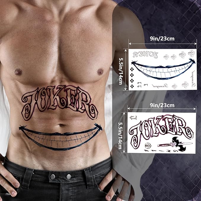 Joker Temporary Tattoos and Hair Color - 6 Sheets Joker Fake Tattoos and 20g Temporary Green Hair Color Wax Set for Halloween, Parties and Cosplay, 2 Black Eyebrow Brushes