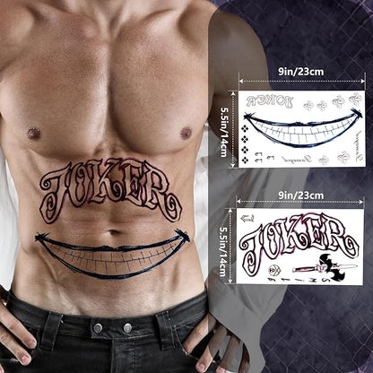 Joker Temporary Tattoos and Hair Color - 6 Sheets Joker Fake Tattoos and 20g Temporary Green Hair Color Wax Set for Halloween, Parties and Cosplay, 2 Black Eyebrow Brushes