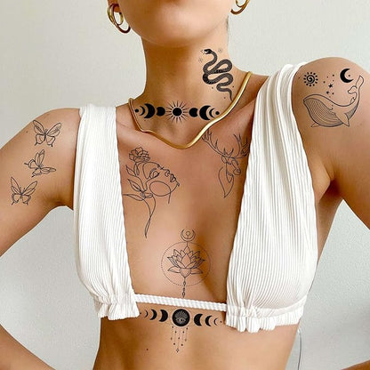 28 Sheets 220+ Minimalism Temporary Tattoos - Moon, Sun, Stars, Snakes, Flowers for Women, Men, Adults, Kids