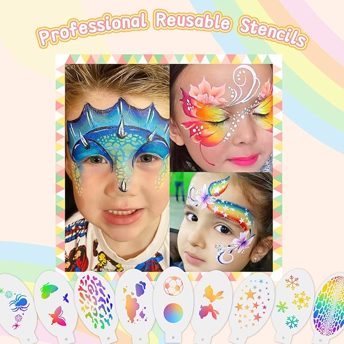 Professional Face Painting Kit for Kids,12X10gm Water Based Split Cake Face Paint with Stencil & Brushes,Hypoallergenic & Non-Toxic,Gift for Birthday Parties/Halloween/Carnival