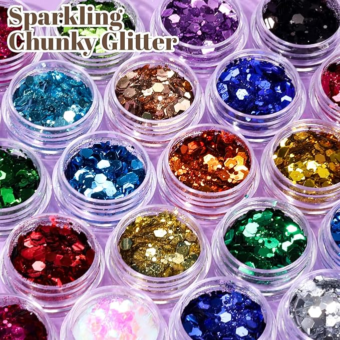 LEOBRO Chunky Glitter, 24 Colors Glitter for Crafts, Resin, Nail Body Face Hair Makeup, DIY Party Decorations, Solid Color