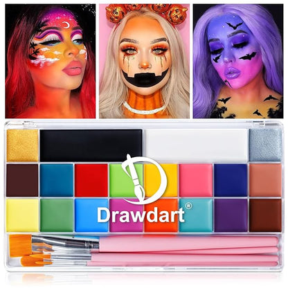 Face Body Paint Kit, 20 Colors Oil Based Painting Palette with 4 Professional Artist Brushes, Large Deep Pan Face Painting Kit Ideal for Halloween SFX Cosplay Costume Makeup