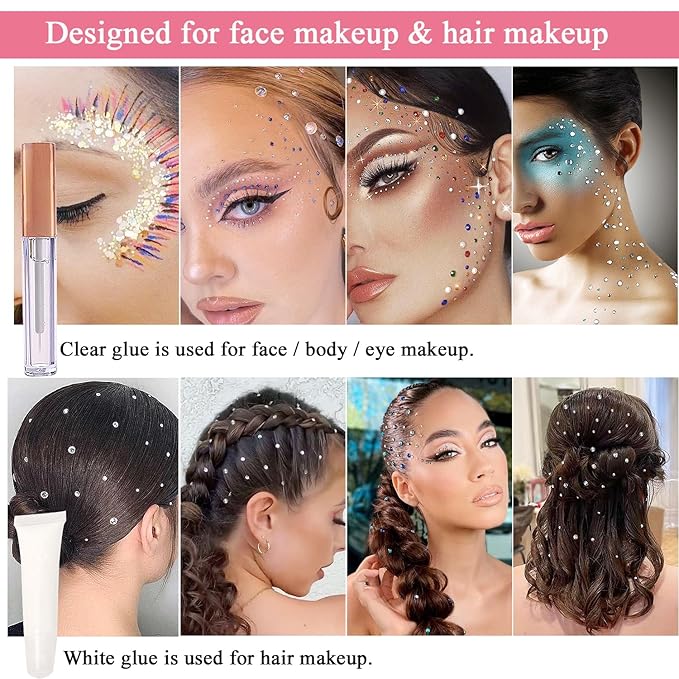 Hair Face Gems Rhinestones with Makeup Glue, Body Face Glitter Gel