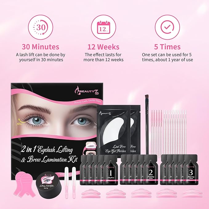 Beauty7 Upgraded 2 in 1 Lash Lift& Eyebrow Lamination Kit Eyelash Balm Lash Perm Kit Eyelash Lifting Lash Curling Semi-Permanent Curling Perming Wave Professional Salon at Home