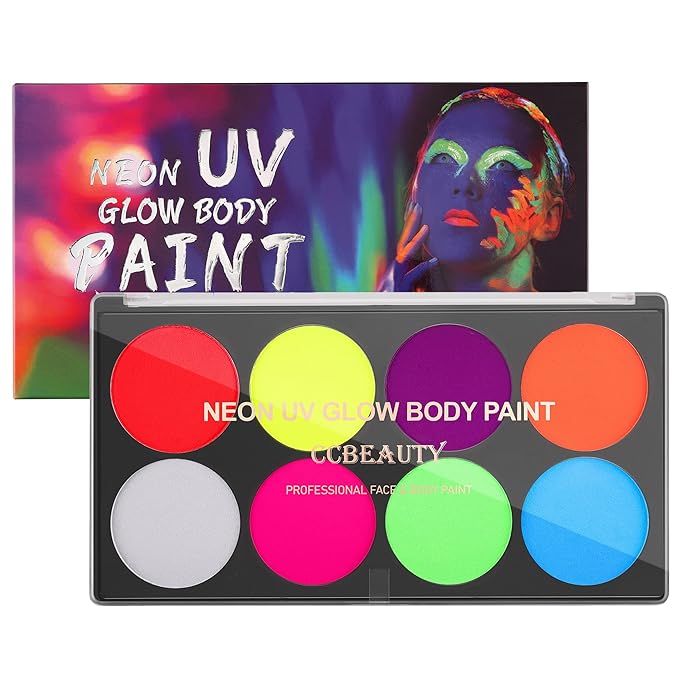 CCbeauty Large UV Glow Face Body Paint Palette, 8 Neon Glow In BlackLights Painting Kit, Water Activated Eye Liner, Safe Washable for Kids Adult, Halloween Costume Masquerades Club Makeup + 10 Brushes