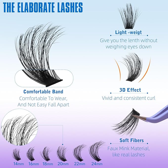 Geeneiya 14-24mm Lash Extension Kit Long Cluster Lashes Volume D Curvature Eyelash Extension Kit Wispy Individual Lashes with Lash Bond and Seal Glue, Lash Tweezers for Beginners (100D, 280Pcs)