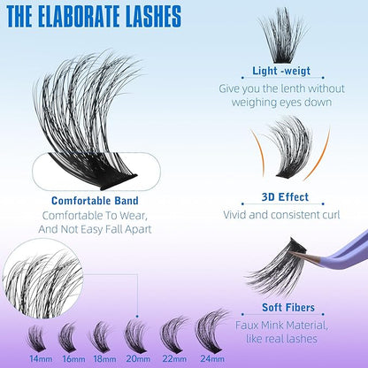 Geeneiya 14-24mm Lash Extension Kit Long Cluster Lashes Volume D Curvature Eyelash Extension Kit Wispy Individual Lashes with Lash Bond and Seal Glue, Lash Tweezers for Beginners (100D, 280Pcs)