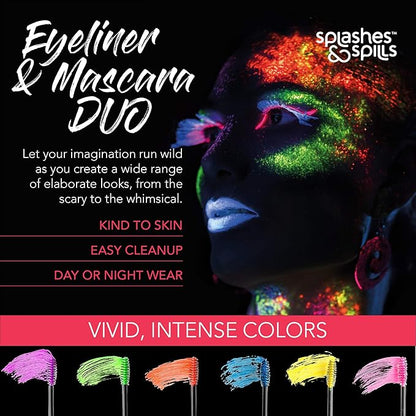 UV Blacklight Glow Eyeliner and Mascara Duo - 6 Color Variety Pack, 6ml – Day or Night Stage, Clubbing or Costume Makeup by Splashes & Spills