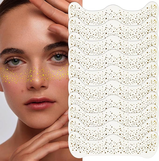 10 Pcs Face Glitter Freckles Patches, Gold Sparkle Face Makeup Patches, Long-lasting Waterproof for Women
