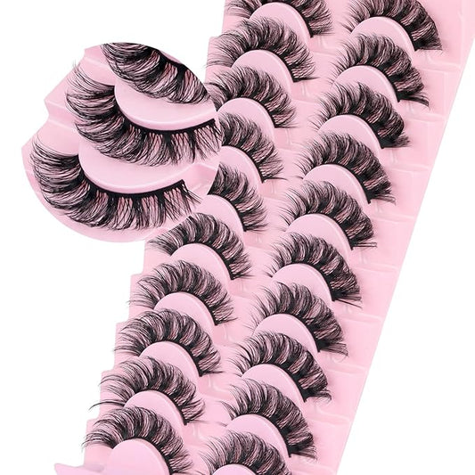 Ahrikiss Russian Strip Lashes D Curl False Eyelashes Fluffy Wispy Faux Mink Lashes 10 Pairs Pack (D07)