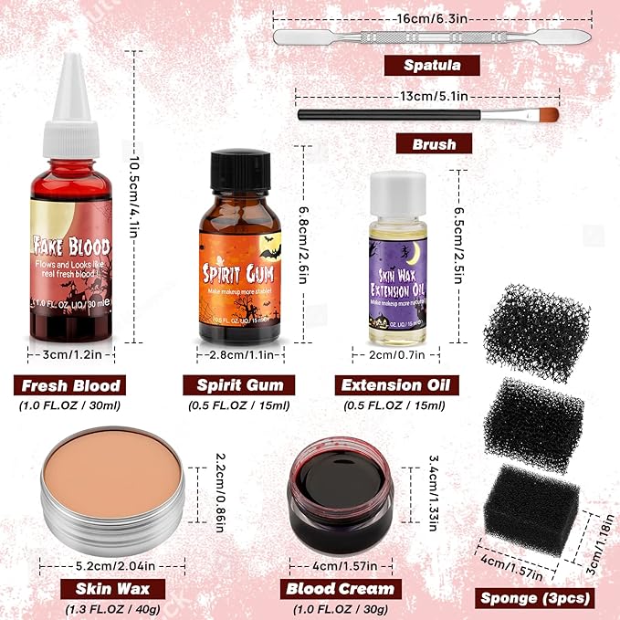 Halloween SFX Makeup Kit, Halloween Special Effects Wound Modeling, Scar Wax with Spatula, Fake Blood, Coagulated Blood Gel, Spirit Gum, Extension Oil, Stipple Sponge for Halloween Cosplay Makeup