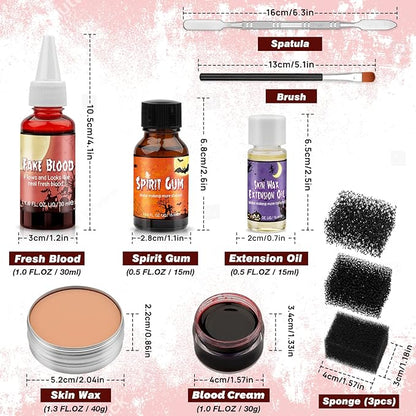 Halloween SFX Makeup Kit, Halloween Special Effects Wound Modeling, Scar Wax with Spatula, Fake Blood, Coagulated Blood Gel, Spirit Gum, Extension Oil, Stipple Sponge for Halloween Cosplay Makeup