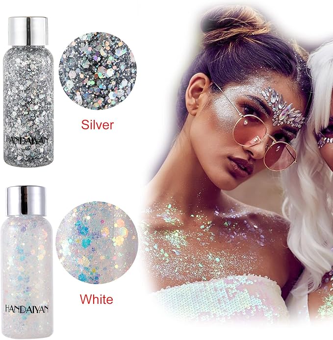 AWCCXMYM Body Glitter Gel Face Glitter for Body,Face,Eye,Hair Glitter Makeup Liquid Long Lasting Sparkling Mermaid Scales for Festival Art Party Halloween for Woman Kids(Silver)