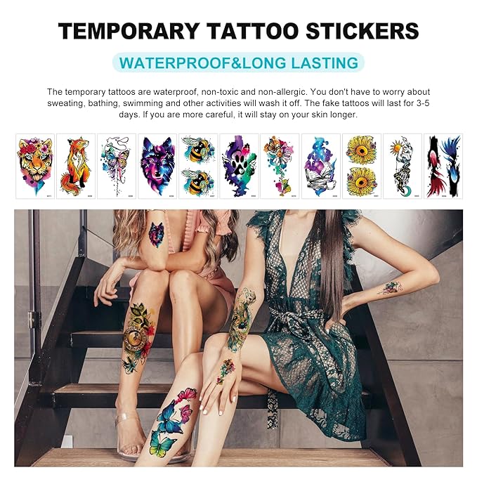 3D Watercolor Temporary Tattoo for Women Men, Colorful Small Half Arm Tattoos Flower Butterfly Cat Fake, Tiny Tattoo Sticker Tiger Wolf Waterproof