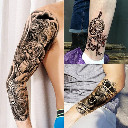 20 Sheets Full Arm Sleeve Temporary Tattoos For Men Women Thigh, Zeus God Lion Eagle Tiger Fake Tattoo Sleeve For Adults, Long Lasting Halloween Black Dragon Maori Tattoo Stickers Compass Rose Flower