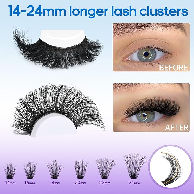 Geeneiya 14-24mm Lash Extension Kit Long Cluster Lashes Volume D Curvature Eyelash Extension Kit Wispy Individual Lashes with Lash Bond and Seal Glue, Lash Tweezers for Beginners (100D, 280Pcs)