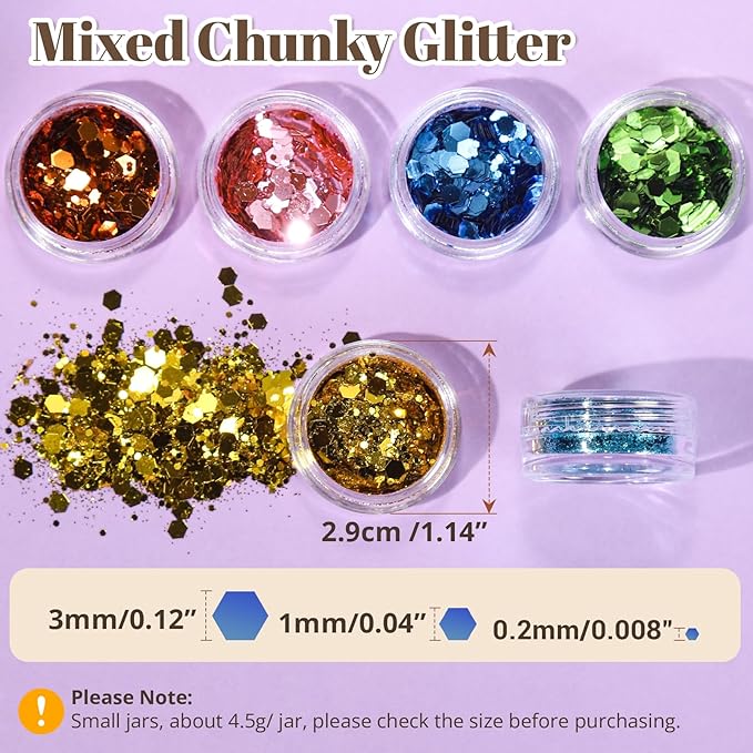LEOBRO Chunky Glitter, 24 Colors Glitter for Crafts, Resin, Nail Body Face Hair Makeup, DIY Party Decorations, Solid Color