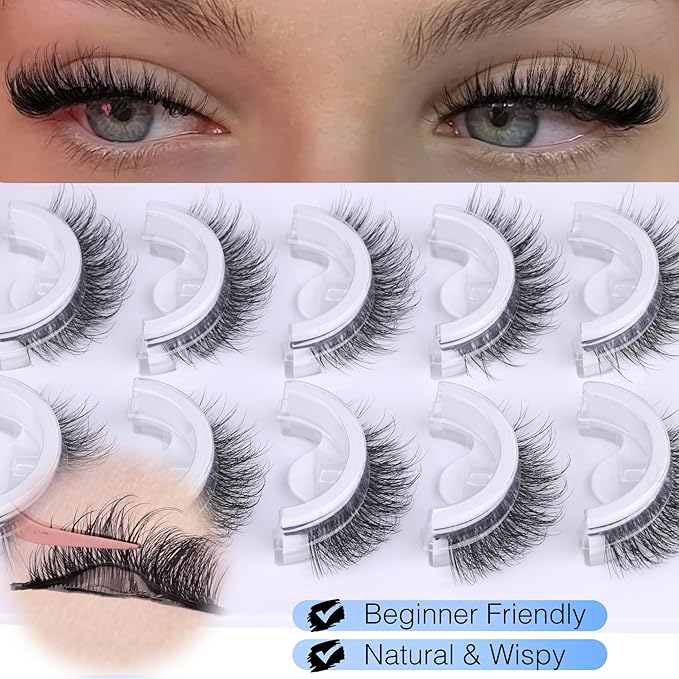 Natural Self Adhesive Eyelashes Pre Glued Lashes Cat Eye Reusable Self Adhesive Lashes No Glue Needed Press On Lashes without Eyeliner D-curly Wispy Strip False Eyelashes Natural Look by YDAGKH