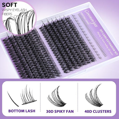 Geeneiya Bottom Lash Extension Kit Natural Cluster Eyelash Extension Kit DIY D Curl Lash Clusters Kit with Lash Bond and Seal Glue, Lash Applicator for Self Application at Home (30D+40D+BOTTOM)