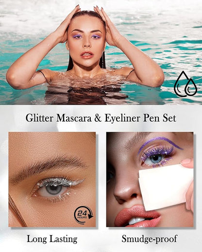Purple Glitter Mascara + Eyeliner Pen Set, Shimmer Volume Colorful Mascara, Sparkling Liquid Eyeliner, Waterproof, High-Pigmented, All-Day Wear Shine Eye Makeup for Dazzling Looks
