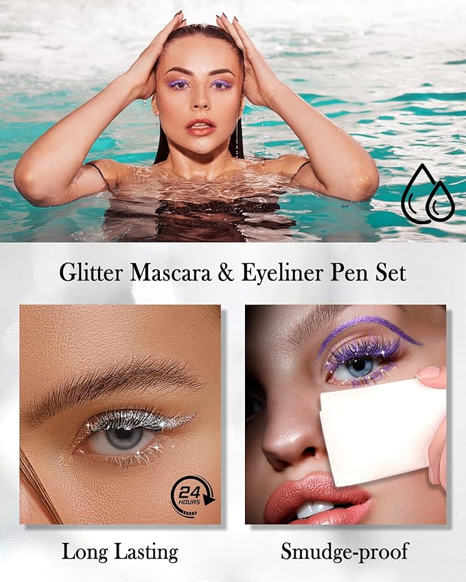 Silver Glitter Mascara + Eyeliner Pen Set, Shimmer Volume Colorful Mascara, Sparkling Liquid Eyeliner, Waterproof, High-Pigmented, All-Day Wear Shine Eye Makeup for Dazzling Looks