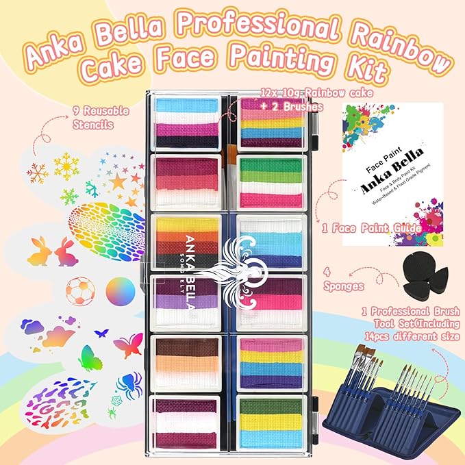 Professional Face Painting Kit for Kids,12X10gm Water Activated Rainbow Cake Face Paint with Stencil & Brushes,Hypoallergenic & Non-Toxic,Gift for Birthday Parties/Halloween/Carnival