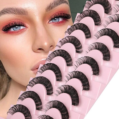 Newcally Lashes Nautral Look False Eyelashes Russian Strip Lashes Mink Wispy Lashes Pack D-curly Thick Full Volume Cat Eye Lashes Look Like Extensions 10 Pairs