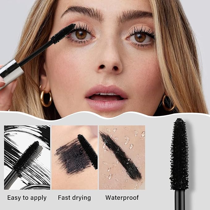 Waterproof Mascara, Black Volume and Length Lashes, Long Lasting No-Smudging Curl Mascara, Thick Mascara with Eye Makeup Aid Tool, False Lash Effect