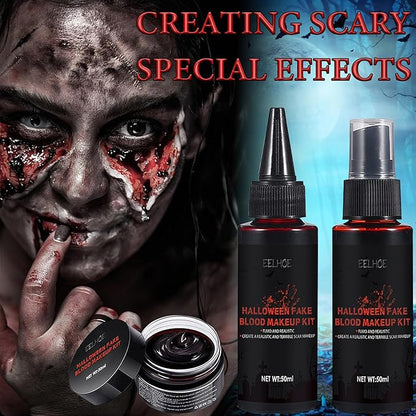 3Pcs Fake Blood Halloween Special Effects SFX Makeup Kit,Fake Blood Spray Makeup,Coagulated Blood Realistic Dripping Fake Blood Washable for Clothes Zombie Vampire Cosplay Costume Monster