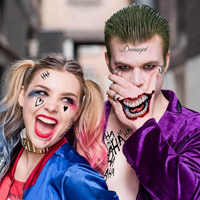 6 Sheets Halloween Joker Tattoo Sticker Decals, Damaged Joker Temporary Tattoos For Men Women Adults, Halloween Face HQ Tattoos Clown, Rave Party Accessories Costume Gothic Fake Tattoo Set