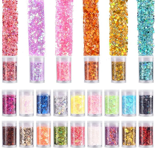 Pack of 24 Colors Chunky and Fine Glitter Mixed,Nail Art Face Body Hair Iridescent Sequins Loose Glitter,DIY Epoxy Resin Craft Slime Tumbler Making Flakes Powder