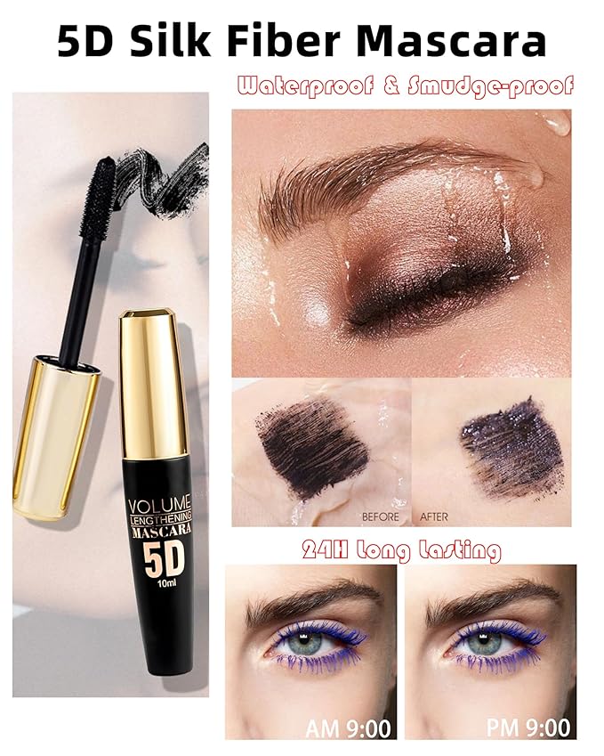 White Waterproof Mascara Primer for Eyelashes, 5D Silk Fiber Lash Extension Colored Tube Mascara with Eyelash Brush, Long Lasting Smudge-proof Volumizing Lengthening, Eye Makeup Party Gift for Women