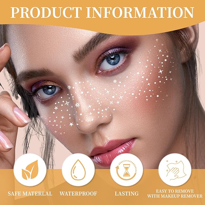 Glitter Freckles Face Tattoo, Glitter Freckles,Sparkle Freckle Temporary Tattoo, Glow Up Makeup Patches,Festival Birthday Shimmer Party Supplies, Cute Glitter Makeup Accessories (Silver Style2)